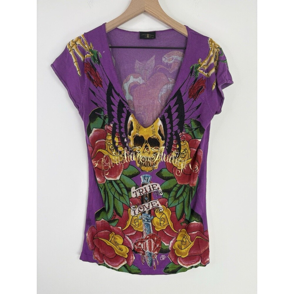 VTG Y2K Christian Audigier True Love Skull Deep V-Neck Graphic Top Purple Sz XL